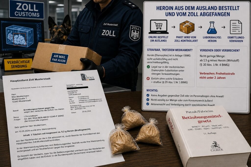 Heroin Zoll Kontrolle – beschlagnahmtes Päckchen mit Diamorphin beim Hauptzollamt