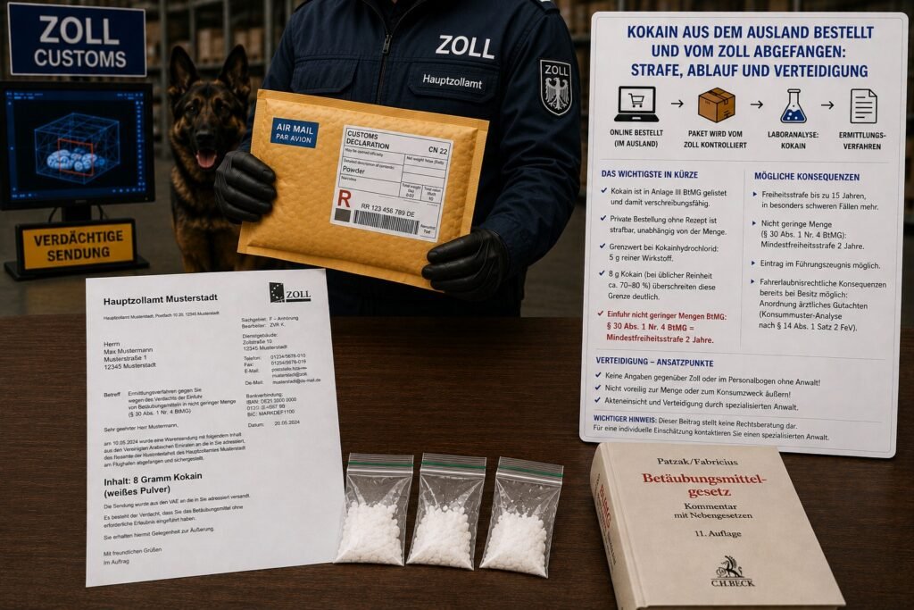 Kokain Zoll Kontrolle – sichergestelltes Kokain-Päckchen und Anhörungsschreiben beim Hauptzollamt