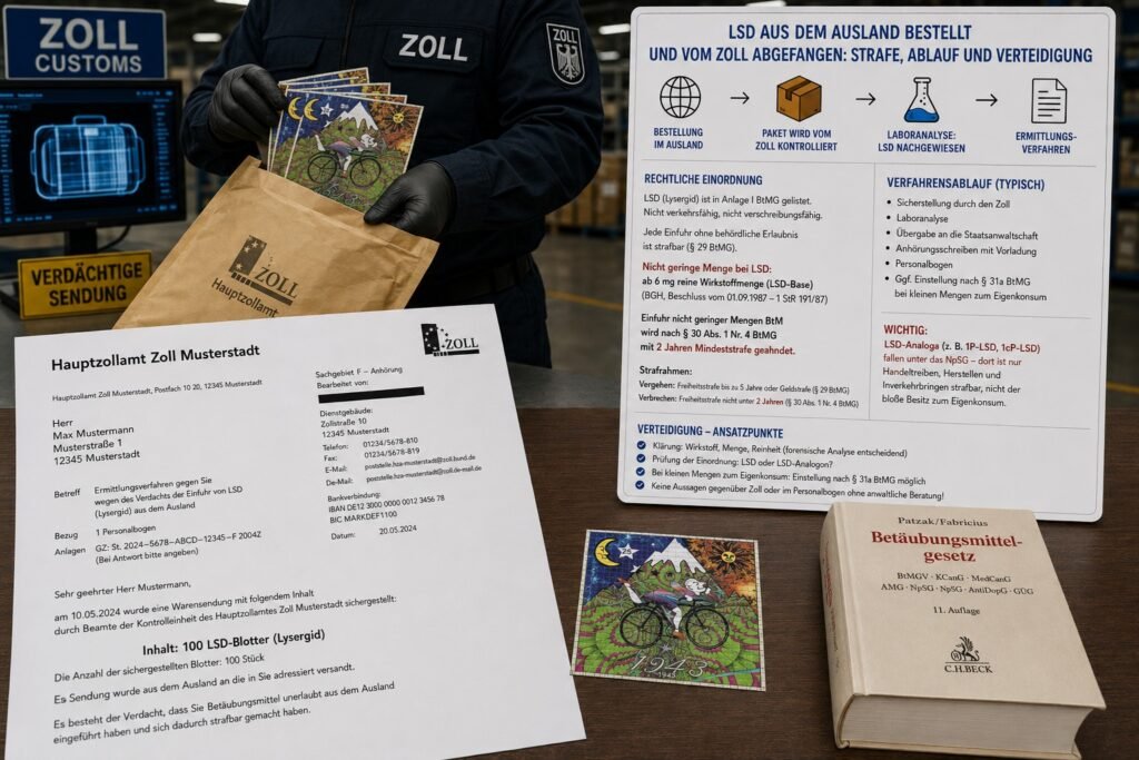 LSD Zoll Kontrolle – sichergestellte Blotter auf dem Prüftisch beim Hauptzollamt