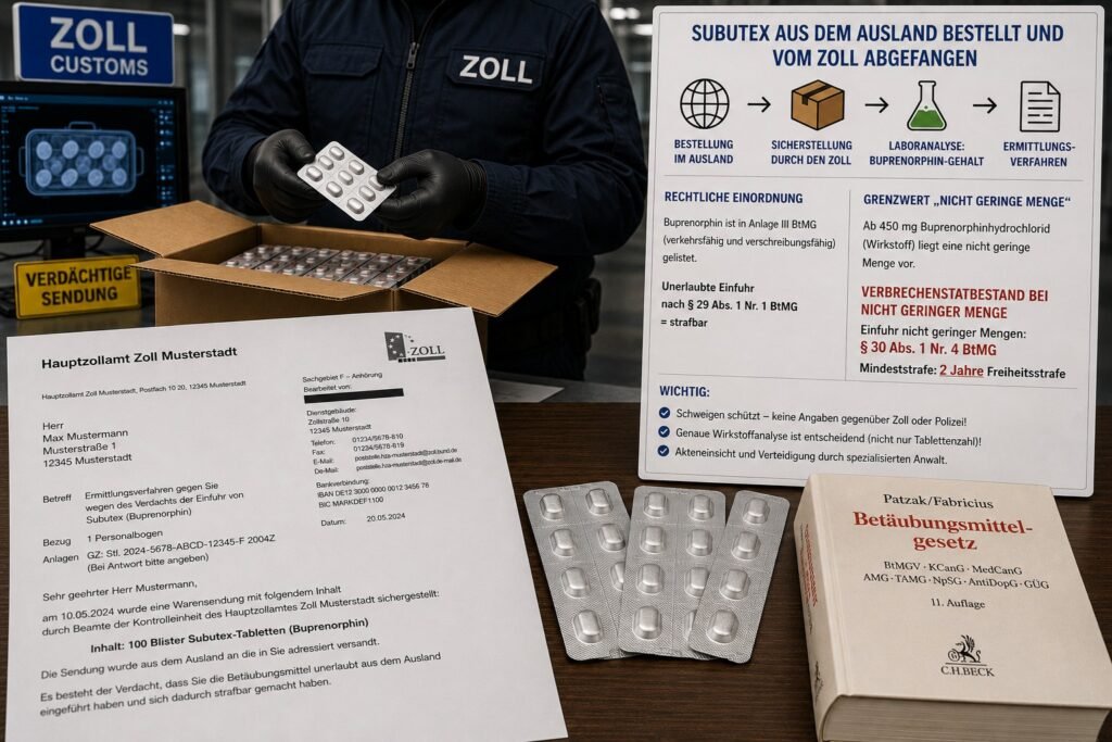 Subutex Zoll Kontrolle – beschlagnahmtes Päckchen mit Buprenorphin-Tabletten beim Hauptzollamt