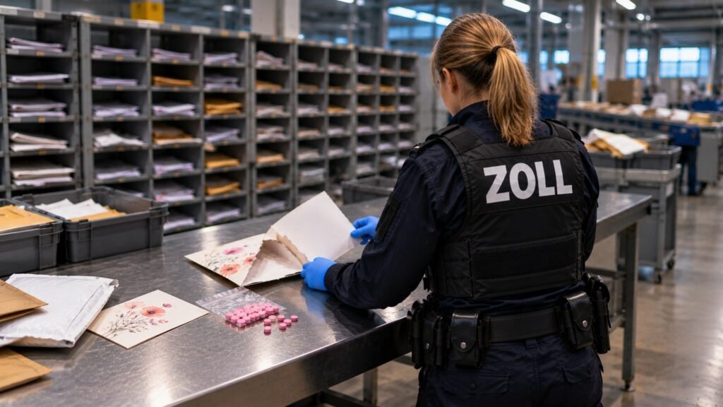2CB legal? Zollbeamtin öffnet im Briefsortierzentrum eine aufgetrennte Grußkarte, daneben ein Zip-Beutel mit rosafarbenen Presslingen.