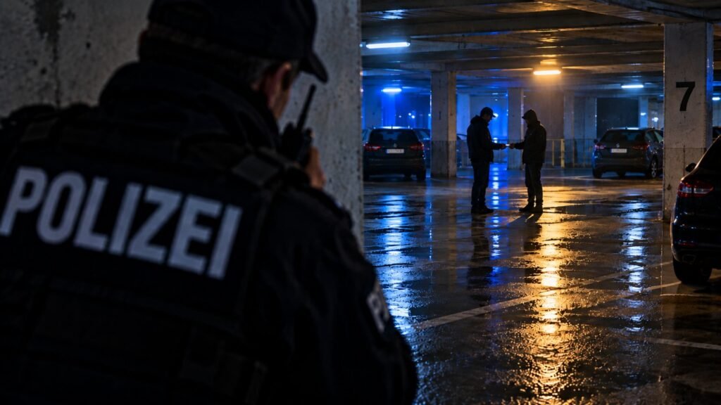 Abgabe von Betäubungsmitteln: Polizeibeamter beobachtet hinter einem Pfeiler die Übergabe in einem Parkhaus