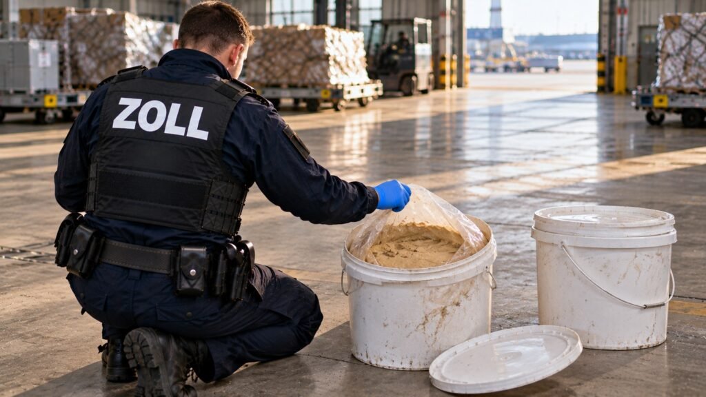 Amphetamin BtMG: Zollbeamter öffnet in einer Frachthalle einen Kunststoffeimer mit einem verschweißten Beutel feuchter beigefarbener Paste, daneben ein zweiter verschlossener Eimer.