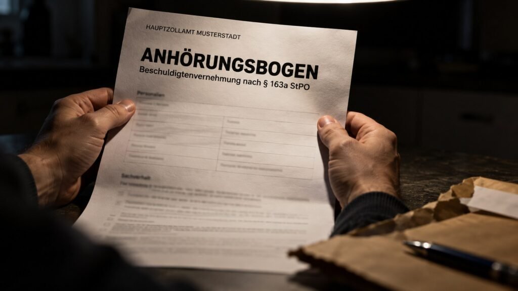 Anhörungsbogen vom Zoll: Haende halten ein Behoerdenschreiben des Hauptzollamts im abgedunkelten Raum, daneben ein aufgerissener Papierumschlag