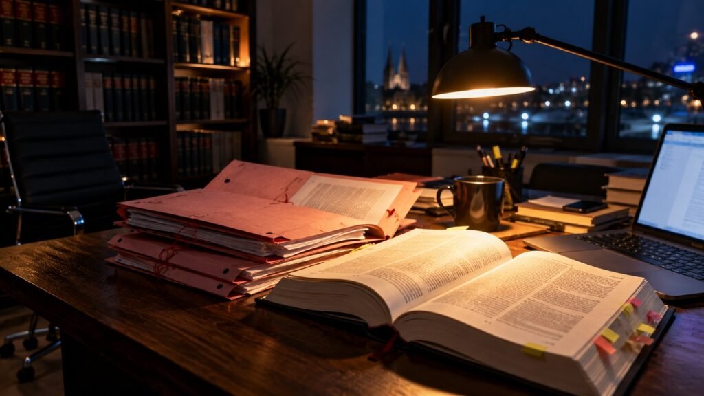 BtMG-Verteidigung: Schreibtisch am Abend mit rosafarbenen Strafakten, aufgeschlagenem Gesetzeskommentar, Arbeitsplatzleuchte und Notebook