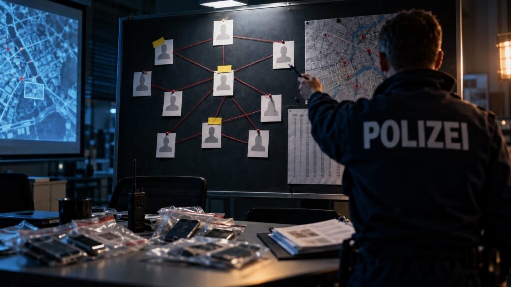 Bandenhandel: Ermittlungsgruppe der Polizei vor einem Organigramm mit anonymen Karten und roten Verbindungslinien