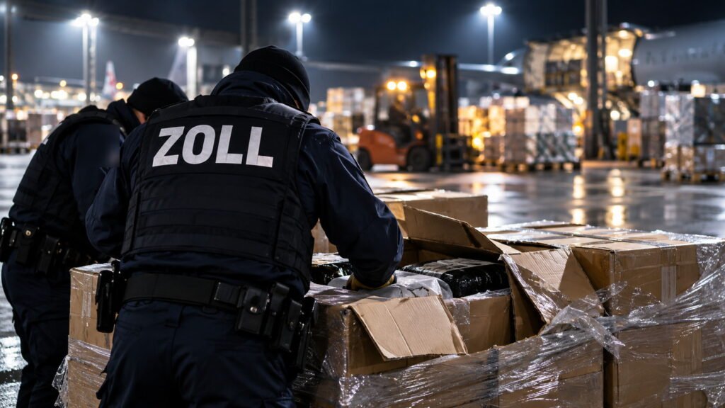 Bannbruch: Zollbeamte durchsuchen nachts auf dem Luftfrachtvorfeld eine aufgerissene Palette mit Kartons, ZOLL auf der Weste