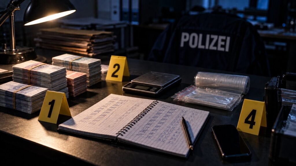 Besonders schwerer Fall: Asservatentisch mit gebündeltem Bargeld, Feinwaage und Notizbuch mit Strichlisten in einem Dienstzimmer der Polizei