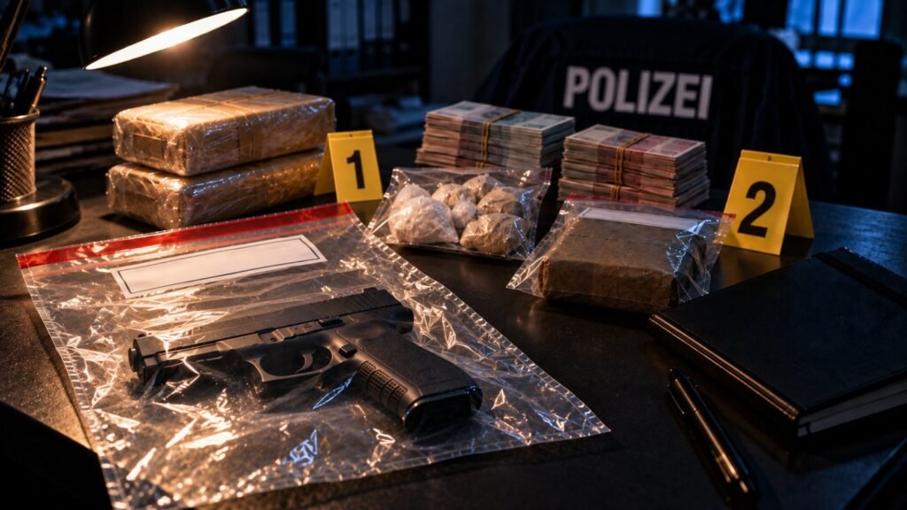 Handeltreiben mit Waffe: Pistole im Asservatenbeutel neben sichergestellten Betäubungsmitteln und gebündeltem Bargeld