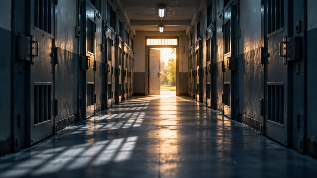 Minder schwerer Fall: Flur einer Justizvollzugsanstalt mit geschlossenen Zellentüren, am Ende eine offene Tür mit Tageslicht