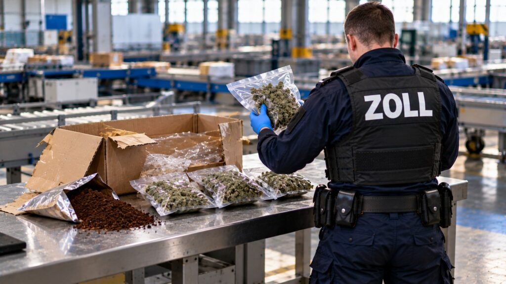 Cannabis Einfuhr: Zollbeamter hält im Paketverteilzentrum einen vakuumierten Beutel mit getrockneten Cannabisblüten aus einem aufgeschnittenen Versandkarton hoch, daneben Kaffeepulver als Geruchstarnung.