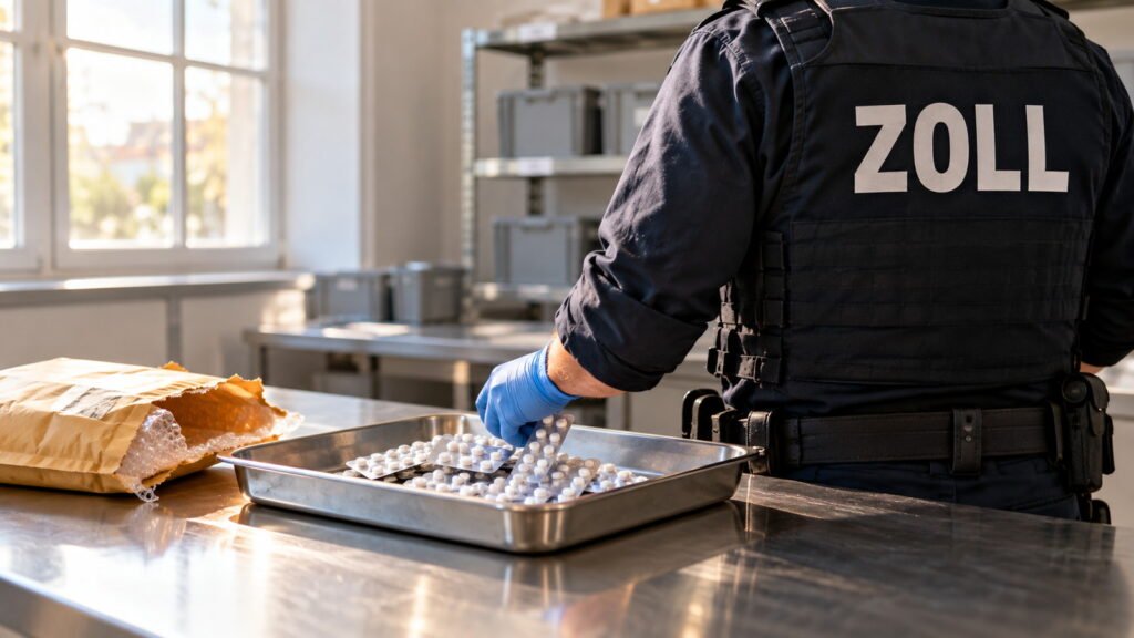 Diazepam: Zollbeamter legt im hellen Asservatenraum Blisterstreifen aus einem geöffneten Luftpolsterumschlag in eine Edelstahlschale, ZOLL auf der Weste