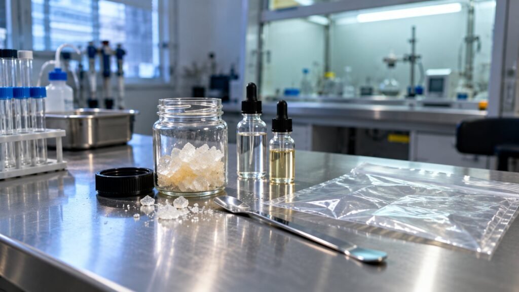 DMT legal: Glasgefäß mit hellen Kristallen und Probenfläschchen auf der Laborbank einer Untersuchungsstelle