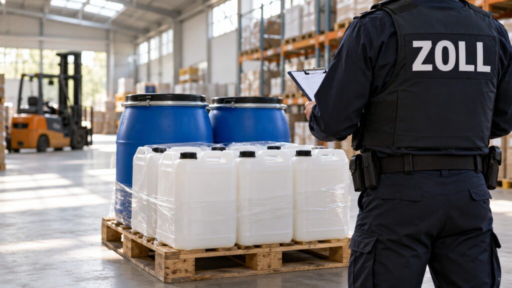 Ephedrin: Zollbeamter mit Klemmbrett kontrolliert in einer hellen Lagerhalle eine Palette mit weissen Chemiekanistern und blauen Fässern, ZOLL auf der Weste