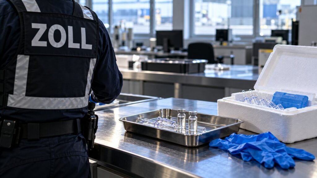 Fentanyl BtMG: Metallschale mit Ampullen und geöffnete Styroporbox mit Kühlakku im Kontrollraum einer Zollstelle