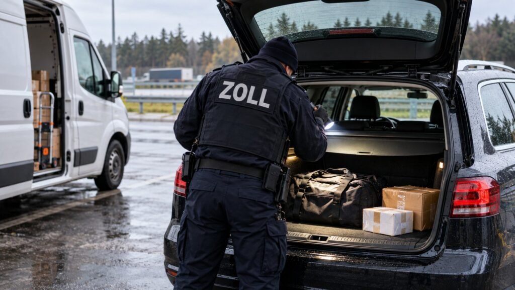 Hauptzollamt Aachen: Zollbeamter leuchtet bei einer Kontrolle hinter der Grenze in den geöffneten Kofferraum eines Fahrzeugs