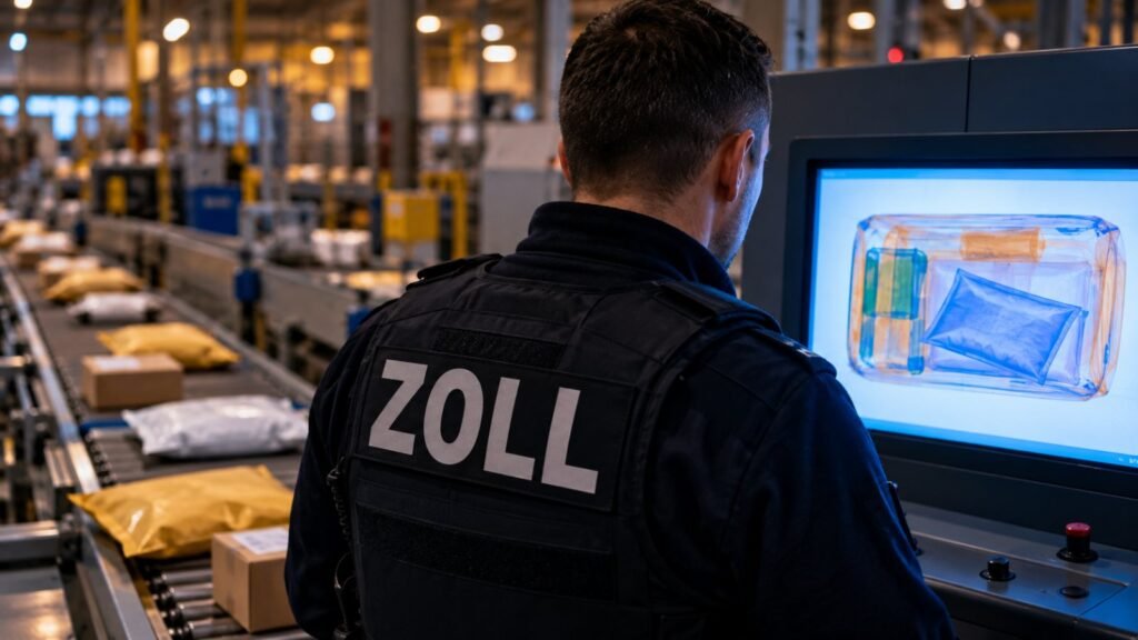 Hauptzollamt Frankfurt am Main: Zollbeamter an der Röntgenkontrolle einer Postsortieranlage, auf dem Monitor der Umriss eines Päckchens