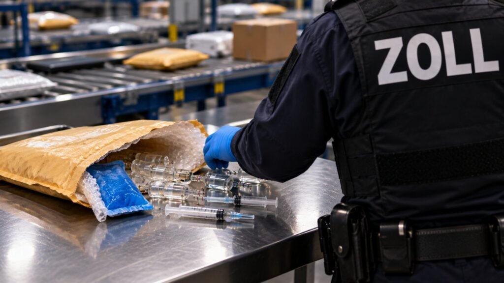hCG und Choriongonadotropin: Zollbeamter prüft in der Postverteilstelle einen aufgeschnittenen Umschlag mit Glasampullen und Fertigspritzen