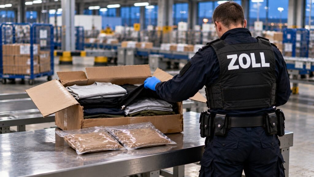 Heroin BtMG: Zollbeamter schlägt in der Postverteilstelle eine Lage T-Shirts in einem Versandkarton zurück, davor zwei vakuumierte Beutel mit hellbraunem Pulver.