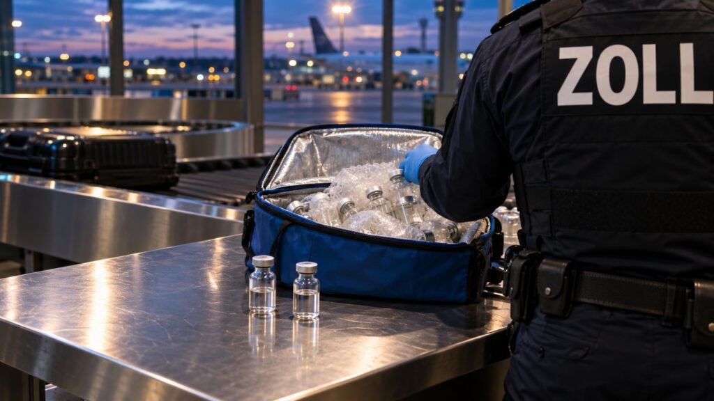 Ketamin BtM: Zollbeamter untersucht am Gepäckband eine blaue Kühltasche mit Durchstechflaschen.
