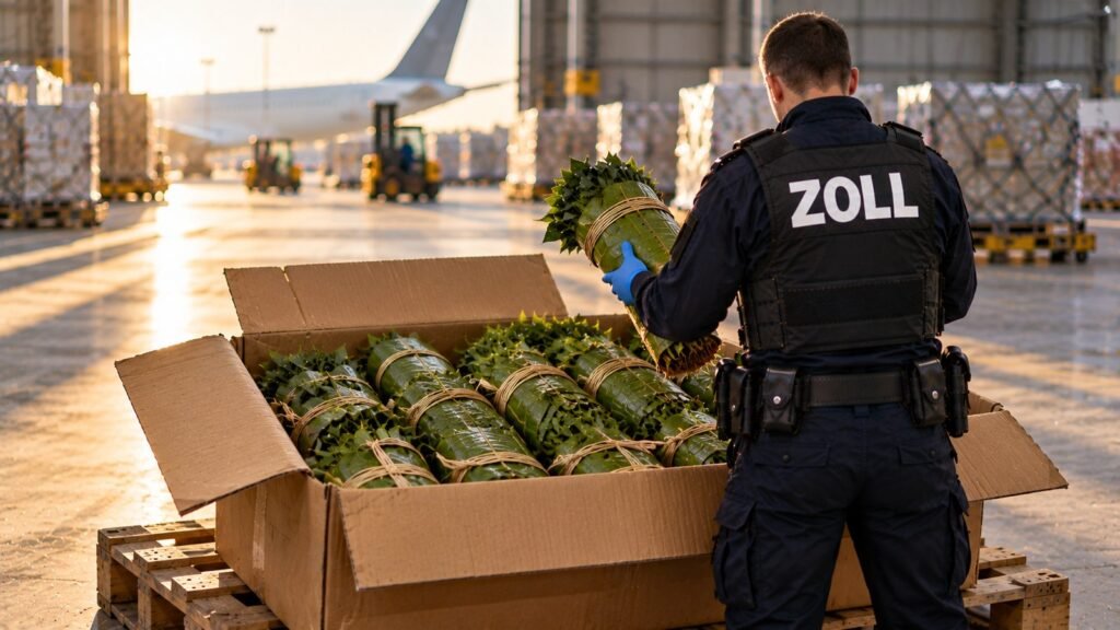 Khat legal: Zollbeamter hebt im Luftfrachtterminal ein in Bananenblätter geschlagenes Bündel frischer Khatzweige aus einem geöffneten Versandkarton auf einer Holzpalette.