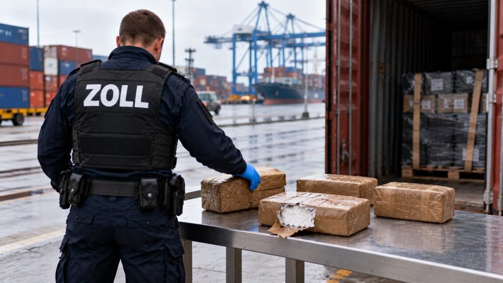 Kokain BtMG: Zollbeamter legt am Containerterminal ein in braunes Klebeband gewickeltes Paket ab, an der Ecke aufgeschnitten und mit weißem Presspulver, daneben weitere Pakete.
