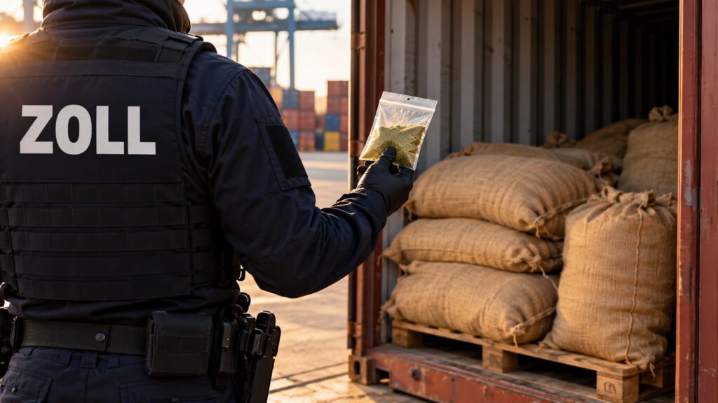 Kratom: Zollbeamter hält am geöffneten Seecontainer einen Probenbeutel mit grünem Pflanzenpulver vor Jutesäcken, ZOLL auf der Weste
