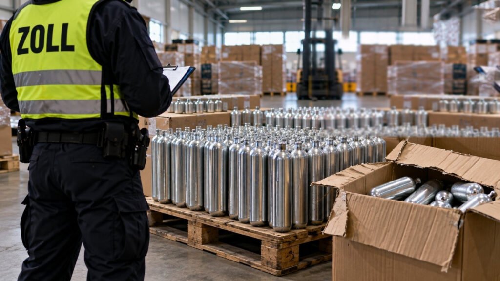Lachgas verboten: Palette mit Druckgaskartuschen und geöffnetem Umkarton in der Lagerhalle einer Zollstelle