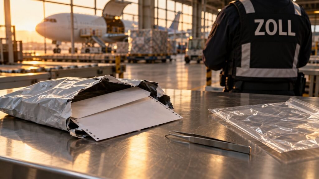 LSD-Analoga: aufgeschnittener Luftpostbeutel mit perforiertem Papierbogen auf dem Kontrolltisch im Frachtterminal