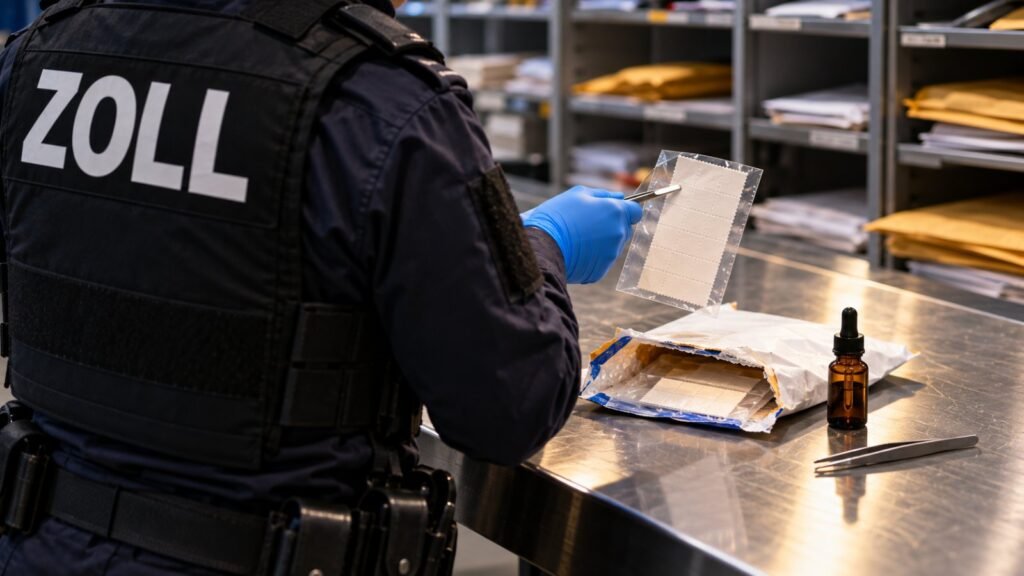LSD BtMG: Zollbeamter hält im Briefzentrum mit einer Pinzette einen perforierten Papierbogen aus einem aufgeschnittenen Luftpostbrief, daneben ein Braunglasfläschchen.