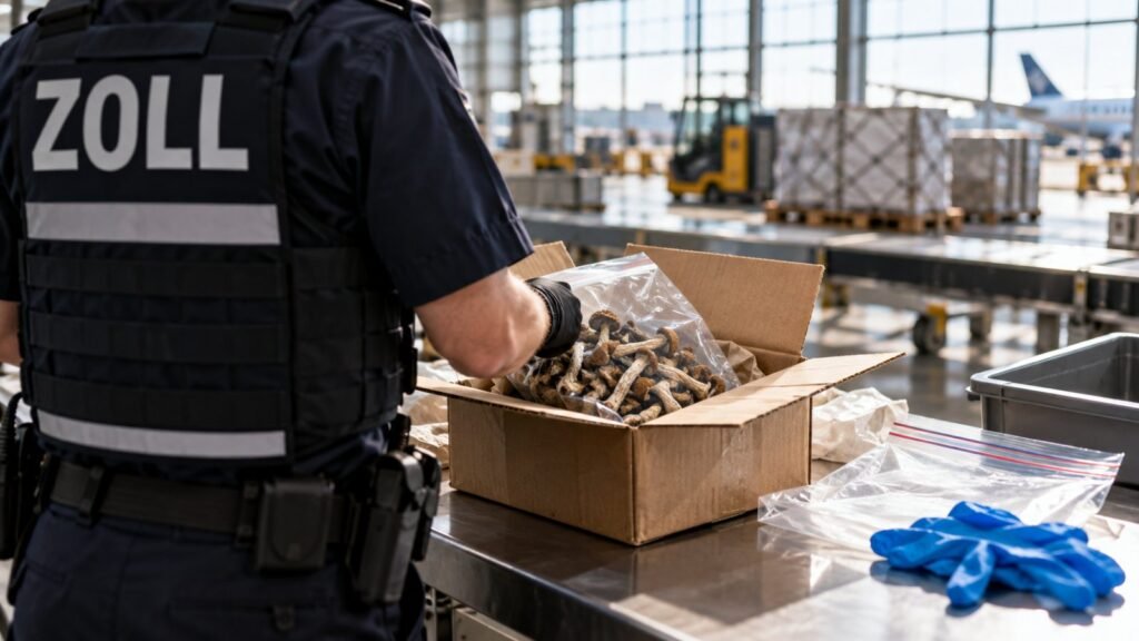 Zauberpilze: Zollbeamter öffnet am Frachtterminal einen Versandkarton mit getrockneten psilocybinhaltigen Pilzen (Psilocybe cubensis)