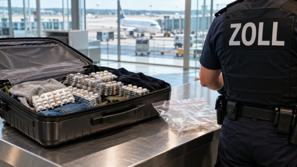 Modafinil legal: Zollbeamter kontrolliert am Flughafen einen geöffneten Hartschalenkoffer mit Blisterstreifen und Fläschchen auf dem Kontrolltisch.
