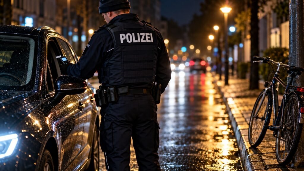 Promille von 1,6 und mehr: Polizeibeamter von hinten bei einer nächtlichen Verkehrskontrolle mit Atemalkohol-Messgerät, am Bordstein ein abgestelltes Fahrrad