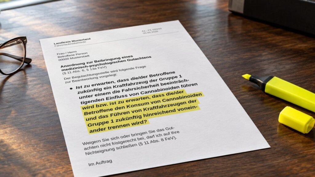 Fragestellung der MPU: Muster einer Gutachtenanordnung der Fahrerlaubnisbehörde, die Frage nach dem Trennungsvermögen bei Cannabis mit gelbem Textmarker hervorgehoben