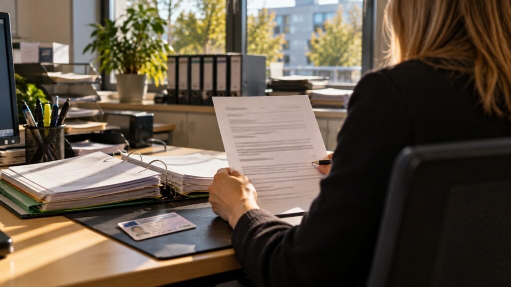 MPU-Anordnung: Sachbearbeiterin der Fahrerlaubnisbehörde prüft ein amtliches Schreiben, daneben Aktenordner und Kartenführerschein, helles Tageslicht