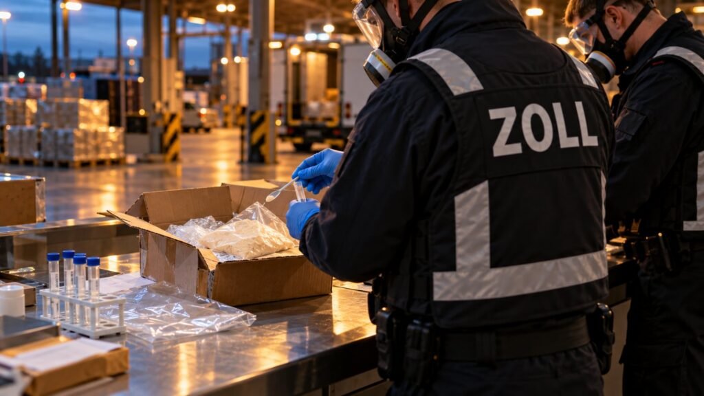 Nitazene legal: Beamte in Schutzausrüstung nehmen an einem Kontrolltisch eine Probe aus einem geöffneten Versandkarton