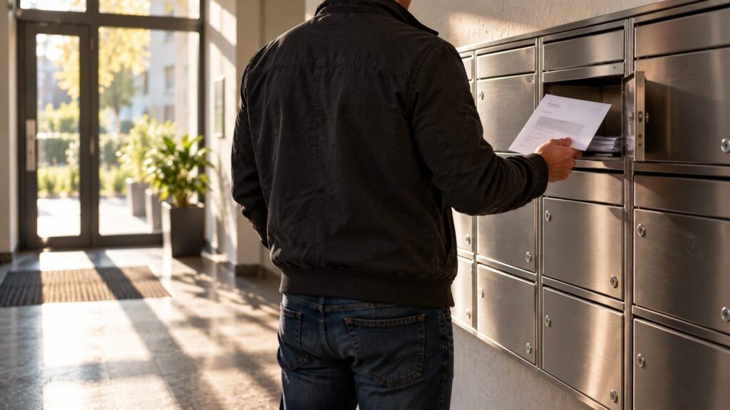 Post vom Zoll: Mann von hinten am Briefkastenblock im Hausflur entnimmt ein behoerdliches Schreiben