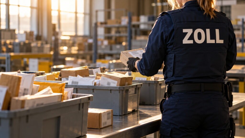Postbeschlagnahme: Zollbeamtin sortiert im Briefverteilzentrum Sendungen aus grauen Postbehältern, ZOLL auf der Weste