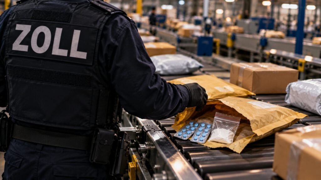 Potenzmittel: Zollbeamter im Postverteilzentrum greift nach einer geöffneten Versandtasche mit Blisterstreifen blauer Tabletten und einem Beutel weißen Pulvers