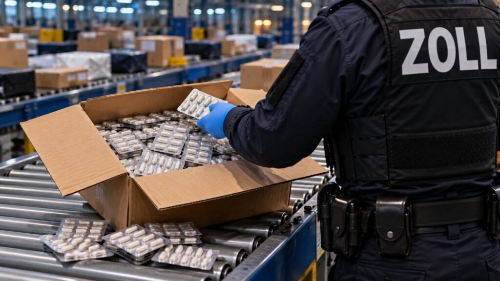 Pregabalin BtM: Zollbeamter zieht im Paketzentrum einen Blisterstreifen mit weißen Hartkapseln aus einem geöffneten Versandkarton auf der Rollenbahn.