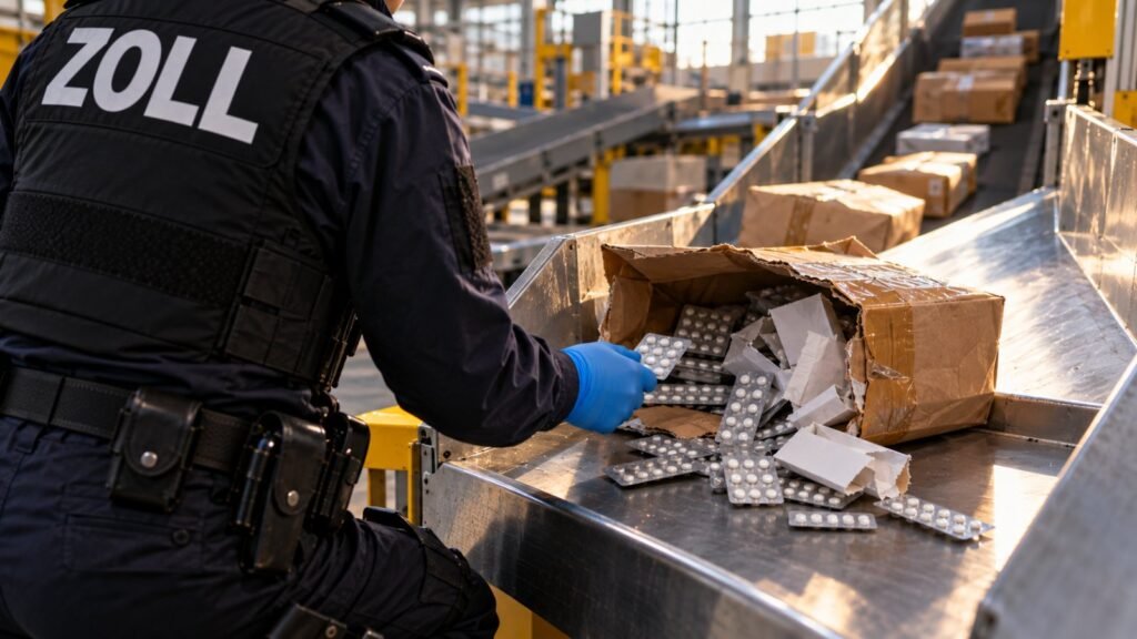 Ritalin BtM: Zollbeamter hebt an der Paketrutsche einen Blisterstreifen mit kleinen runden Tabletten aus einem aufgeschlitzten Versandkarton.
