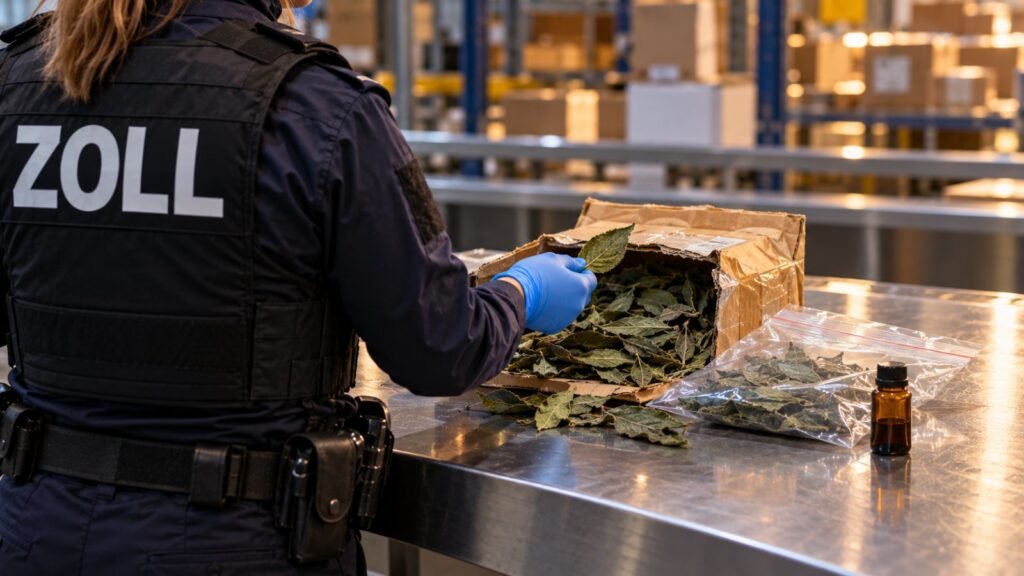 Salvia Divinorum: Zollbeamtin öffnet ein Päckchen mit getrockneten Blättern und einem Extraktfläschchen