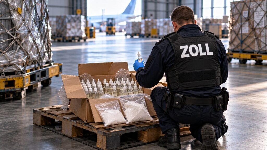 SARMs legal: Zollbeamter hebt im Luftfrachtterminal ein Fläschchen mit Tropfpipette aus einem Versandkarton, daneben zwei Beutel mit weißem Pulver.