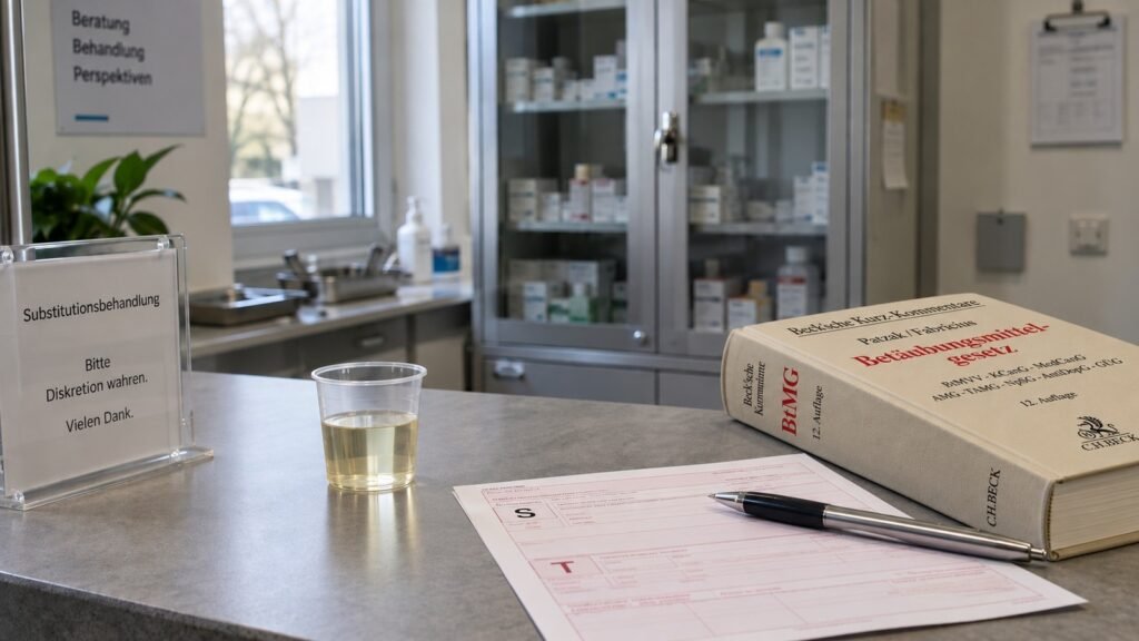 Substitutionsbehandlung: Ausgabetresen einer Substitutionsambulanz mit Becher, Rezept mit S- und T-Kennzeichnung und dem BtMG-Kommentar