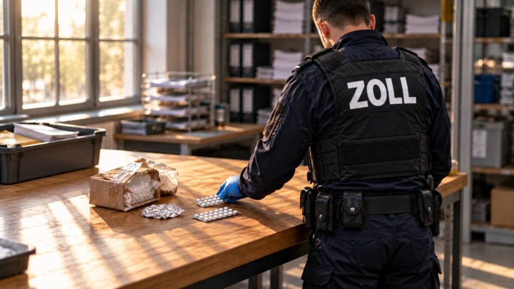 Subutex und Buprenorphin: Zollbeamter legt am Abfertigungstresen einen Blisterstreifen mit kleinen weißen Sublingualtabletten aus einem aufgeschnittenen Päckchen ab