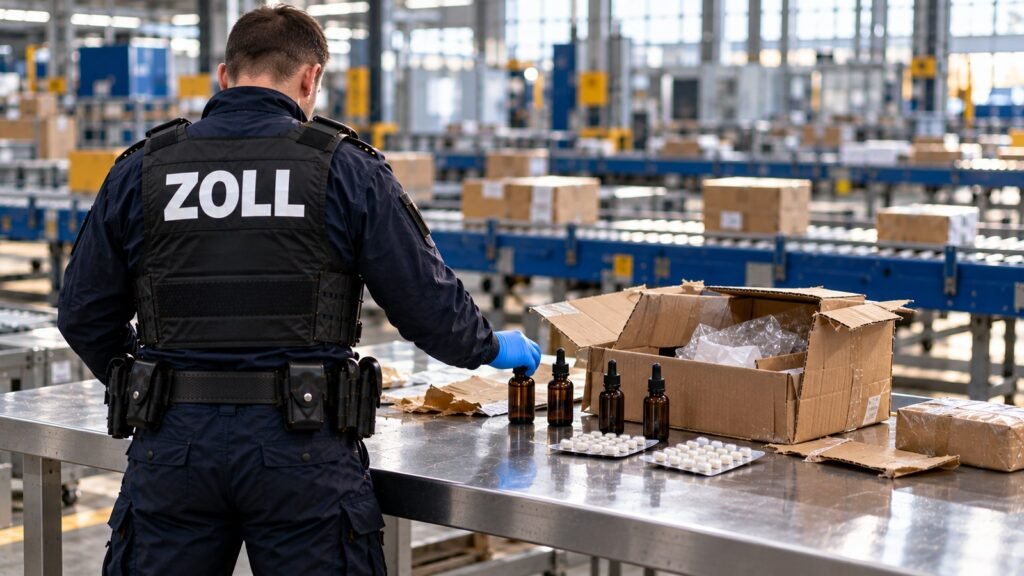 Tilidin BtM: Zollbeamter prüft in der Postverteilstelle Tropfflaschen und Blisterstreifen aus einem aufgeschnittenen Versandkarton.