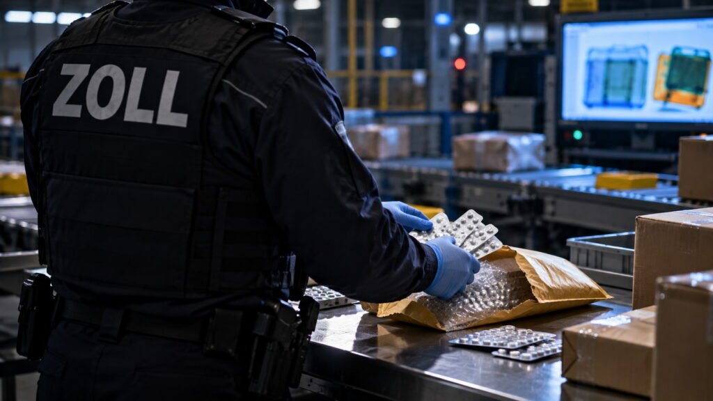 Tramadol BtM: Zollbeamter entnimmt einem Luftpolsterumschlag in der Postsortierhalle Blisterstreifen mit Schmerztabletten