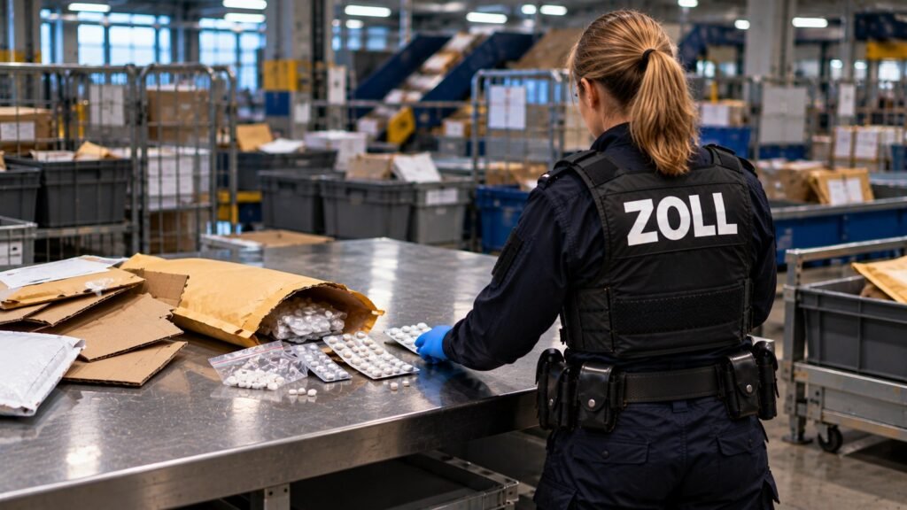 Xanax und Alprazolam: Zollbeamtin prüft in der Postverteilstelle Blisterstreifen mit länglichen weißen Tabletten aus einem aufgerissenen Versandumschlag