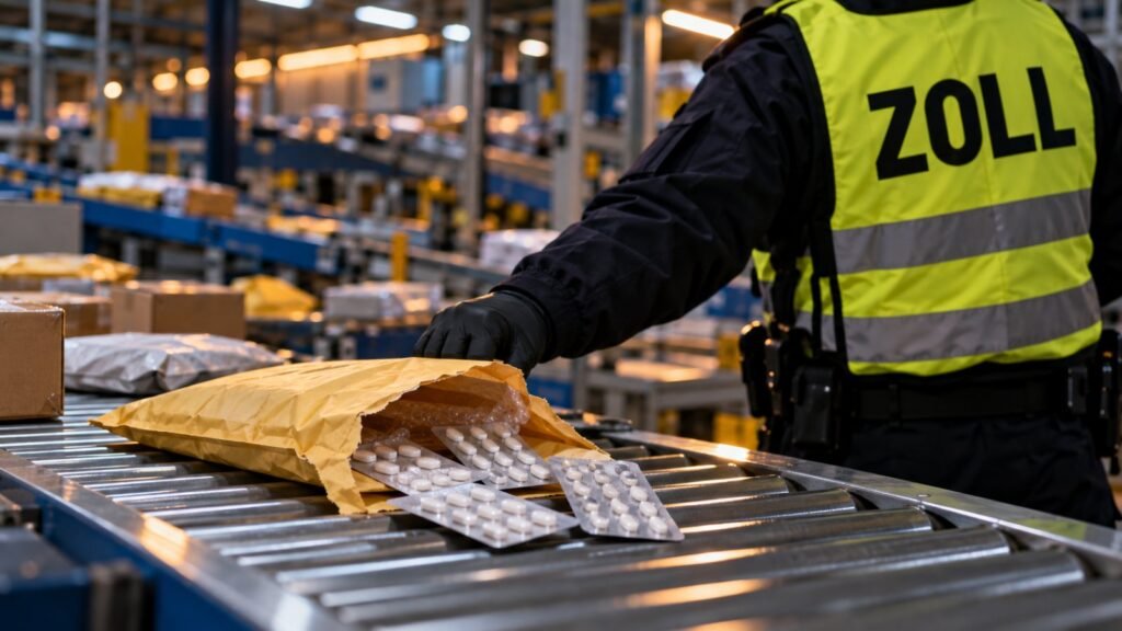 Zolpidem BtM: geöffnete Versandtasche mit Blisterstreifen auf dem Förderband eines Postverteilzentrums