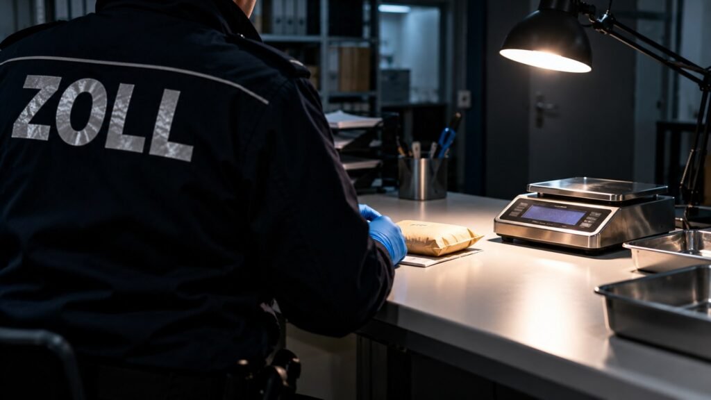 Kleinfallregelung: Zollbeamter von hinten wiegt eine kleine Briefsendung auf einer Präzisionswaage im Kontrollraum